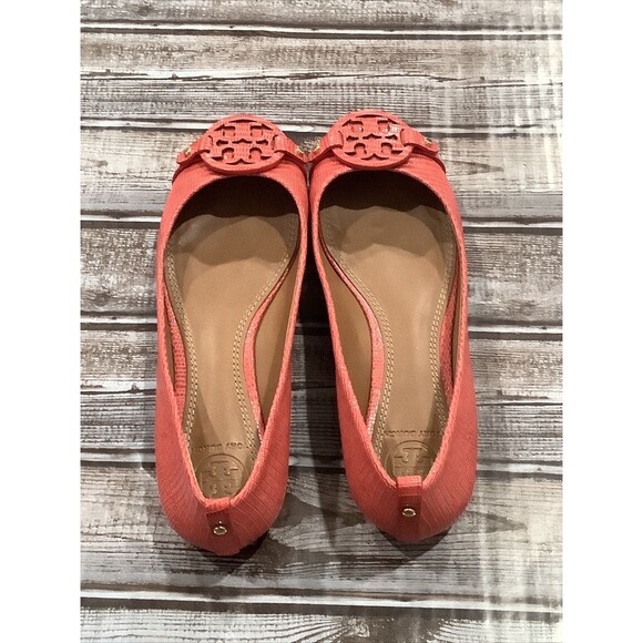 TORY BURCH ORANGE MINI MILLER LIZARD PRINT LEATHER BIG REVA FLAT SZ 6.5M - Picture 3 of 7